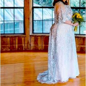 David’s Bridal silver lace and sequin overlay floor length with short train